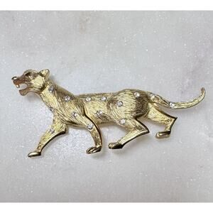 Vintage Gold Tone Rhinestone Panther Leopard Brooch Pin Cat Cheetah